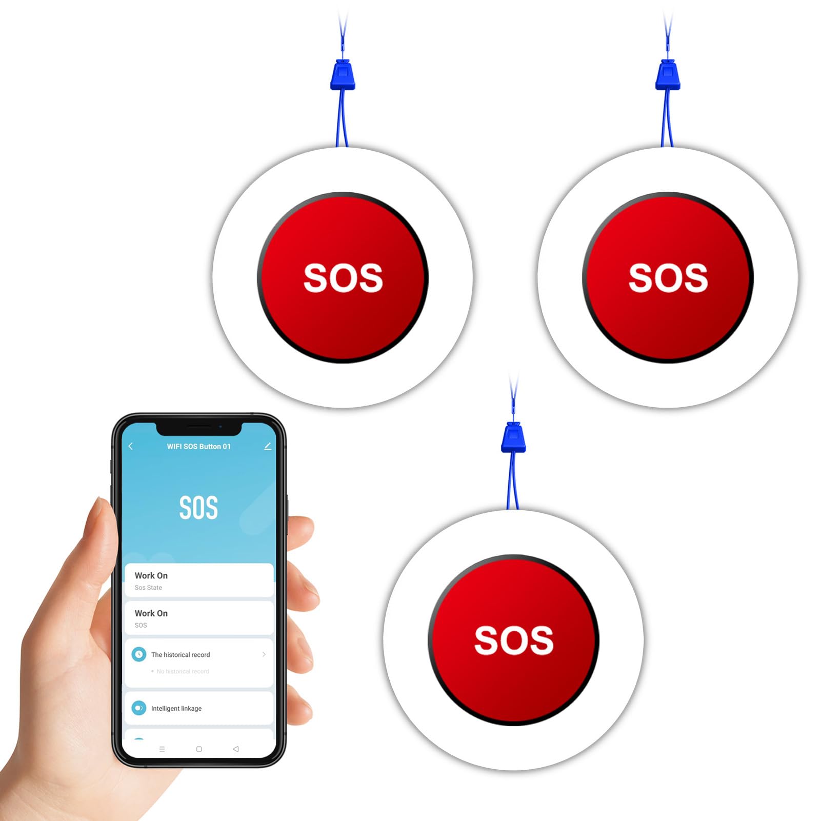 Wolf Guard TUYA SOS WiFi Emergency Button with Pull Cord for Elderly Friend Disabled Child, Health Alarm System Smartlife APP Remote Reminder (Neck Style (Set of 3))