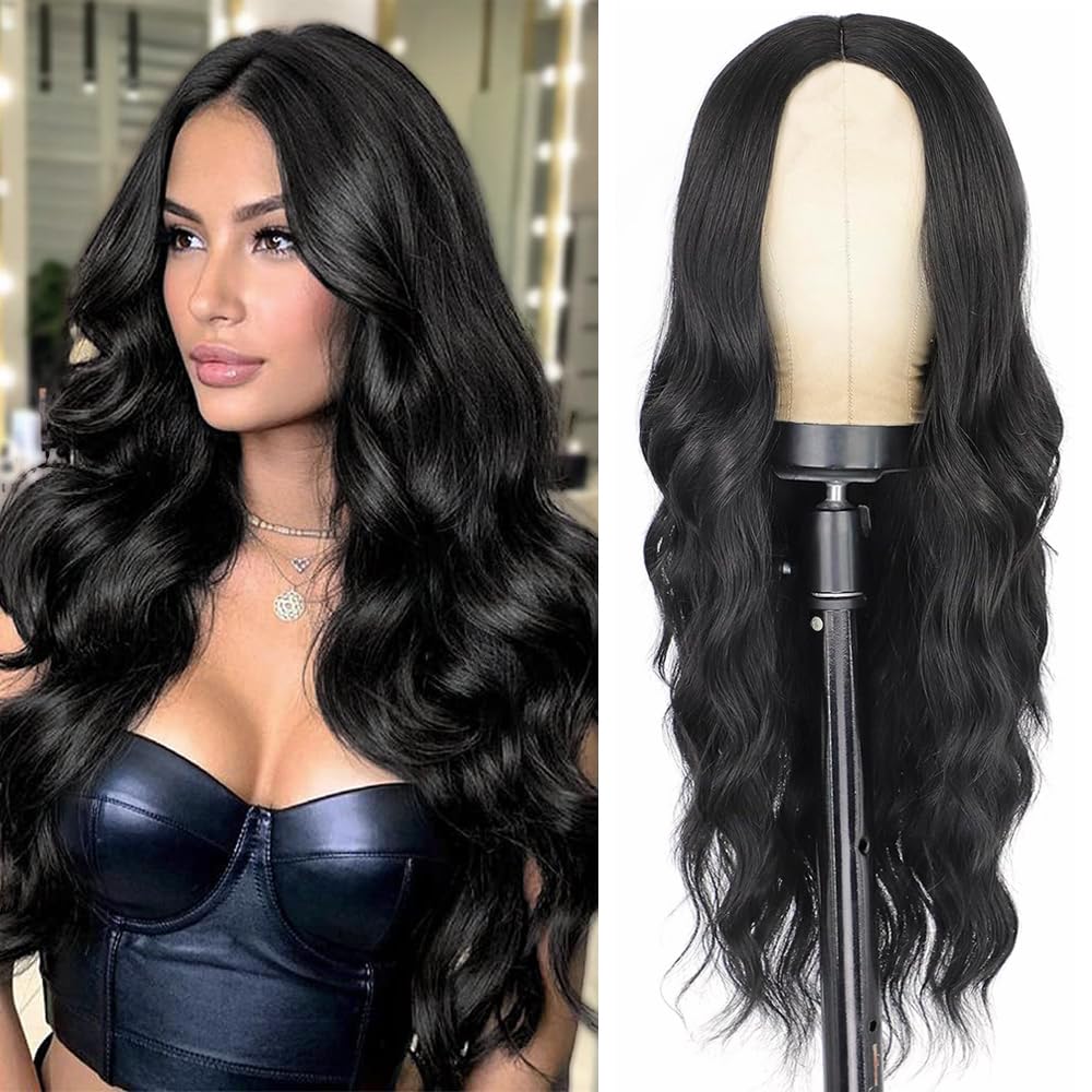 PORSMEER Long Black Synthetic Hair Wigs for Women Natural Looking Wavy Curly Wig Middle Part Wig for Everyday or Cosplay Party