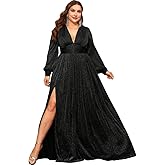 Giffniseti Women's Plus Size Long Sleeves Deep V-Neck Dresses with Slit A Line Formal Evening Gown