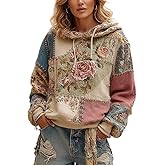 Nupucy Women's Fall Winter Boho Floral & Patchwork Drawstring Hoodies Oversized Vintage Printed Hooded Sweatshirts for Women