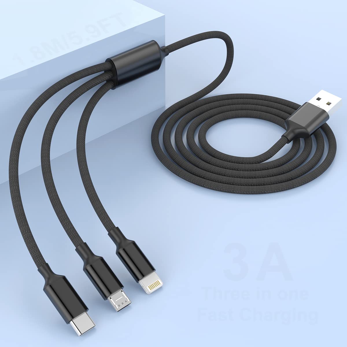 Multi Charger Cable,1.8M Nylon Braided 3 in 1 Multi USB Charging Cable Nylon Braided with Lightning/Micro/USBC Type Connector, Compatible iPhone 15 14/13, Samsung, Huawei, Nexus, Nokia, LG, Sony, PS4