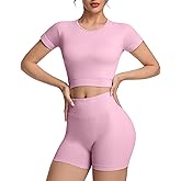OVESPORT 2 Piece Workout Sets for Women Impact Crop Top Shirts and Seamless Gym Shorts Outfits