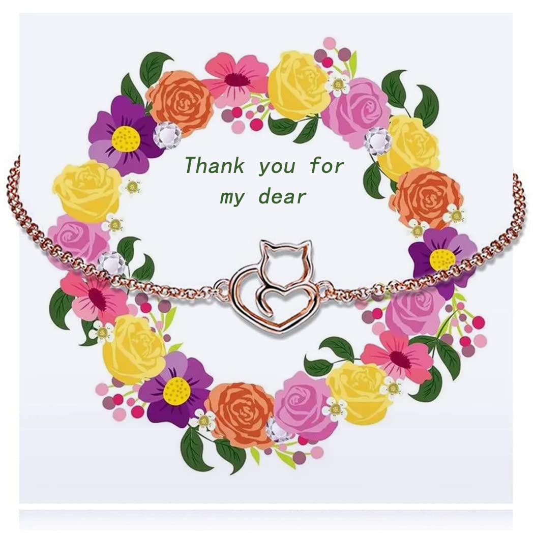 LUTAKU 925 Silver Cute Cat Bracelet for Women Girls Heart-shaped Cat Bracelets Anniversary Birthday Jewellery BFF Gift for Friends (Rose Gold)