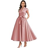 Xuzey Satin Mother of The Bride Dresses Tea Length A Line Evening Gown with Pockets Formal Wedding Guest Dress