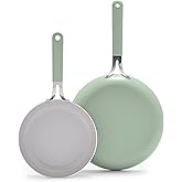 GreenLife 8” & 10” 2 Piece Nonstick Ceramic Frying Pan Set, Lightweight Healthy PFAS-Free Skillets, Dishwasher & Oven Safe, Durable Body, Silicone Stay-Cool Handles, Easy Release, Sage Green