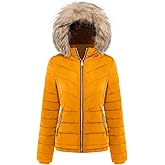 BodiLove Women's Fur Hooded Utility Jacket with Zipper and Flannel Lining Mustard L