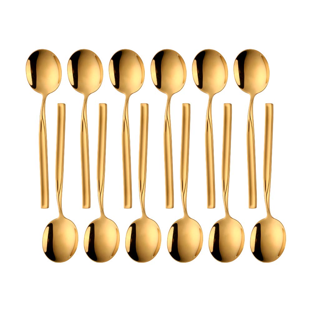SUNSENGEUR Soup Spoons, Round Stainless Steel Bouillon Spoons with Square Convex Handle 12-Piece Stainless Steel Set Use for Coffee Sugar Dessert Cake Ice Cream - 7.6 Inches-Gold