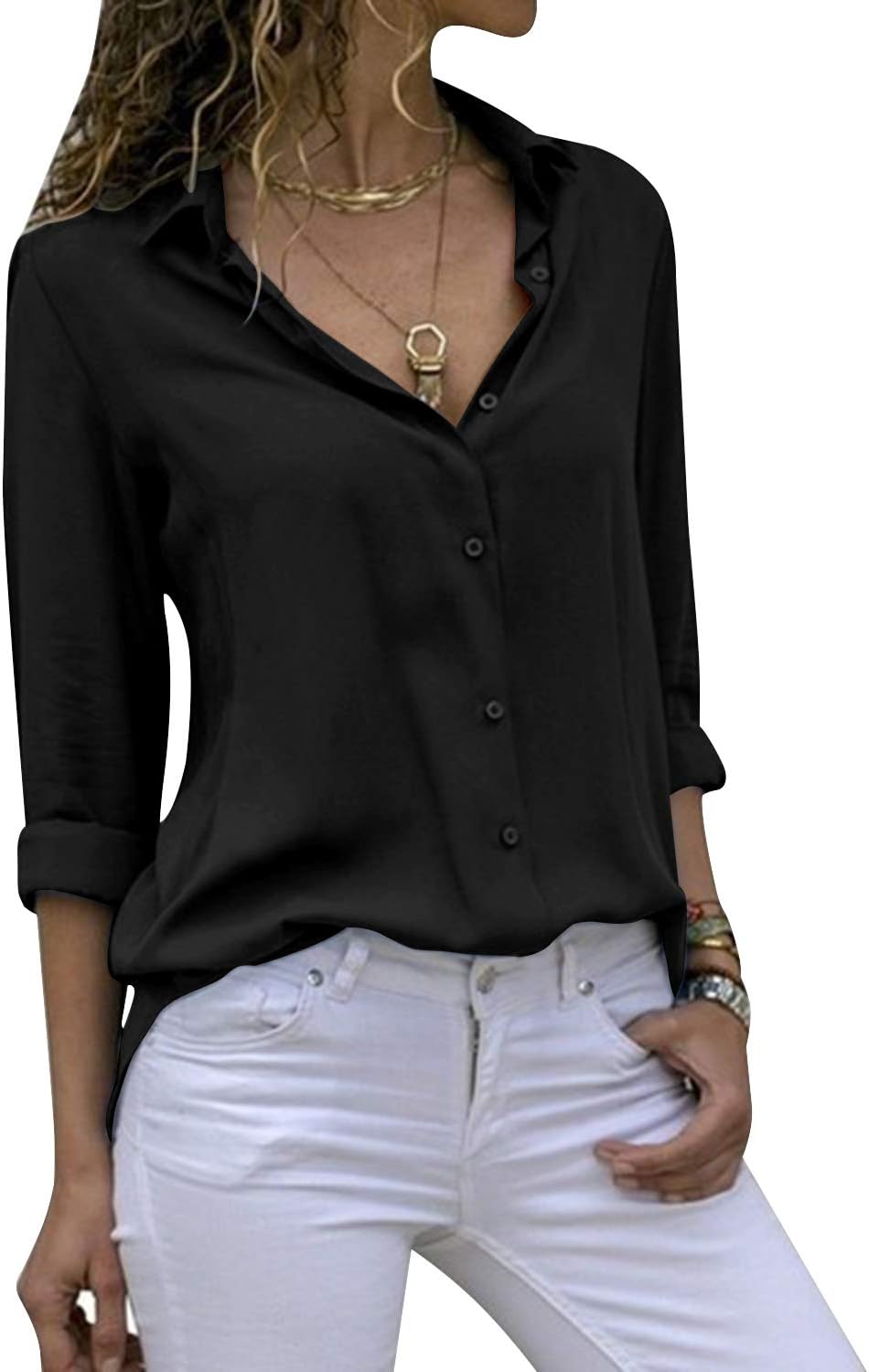 Women's Long Sleeve V Neck Chiffon Blouses Tops Button Down Business Shirts
