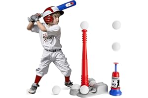 Wee Wonders 2 in 1 T Ball Set - Adjustable Height, Tee Ball Set with Automatic Pitching Machine/6 Balls/Baseball Bat, Toddler Baseball Toy for Outdoor Play, Sport Toys Gifts for Kids Age 3-8
