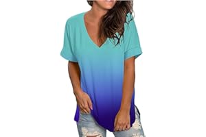 COJCOIHN Womens V Neck Gradient Color Sleeve Summer Tops V Neck Short Sleeve Tshirts Tunic Shirts Soft Blouse Plus Size.S-5XL
