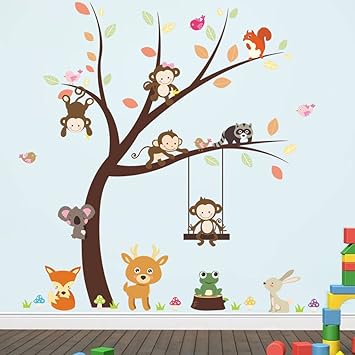 Wallpark Retro Baum Blatter Tier Wald Niedlich Affe Hirsch Koala Frosch Abnehmbare Wandsticker Wandtattoo Kinder Kids Baby Hause Zimmer Kinderzimmer Diy Dekorativ Klebstoff Kunst Wandaufkleber Amazon De Baby