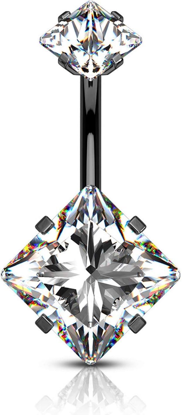 Double Jeweled Square CZ Steel Belly Button Navel Ring (Internally Threaded)