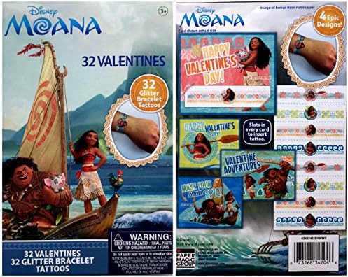Disney Moana 32 Valentine Day Cards with 32 Glitter Bracelet Tattoos