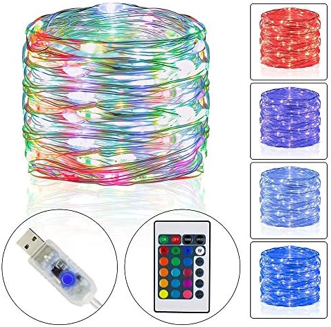 Omika Fairy Lights,USB Plug-in Color Changing String Lights with Remote Control Decorative Silver Wire Lights for Christmas Tree,Patio,Indoor Garden,Party,Bedroom Decorations(33ft 100 RGB LEDs)