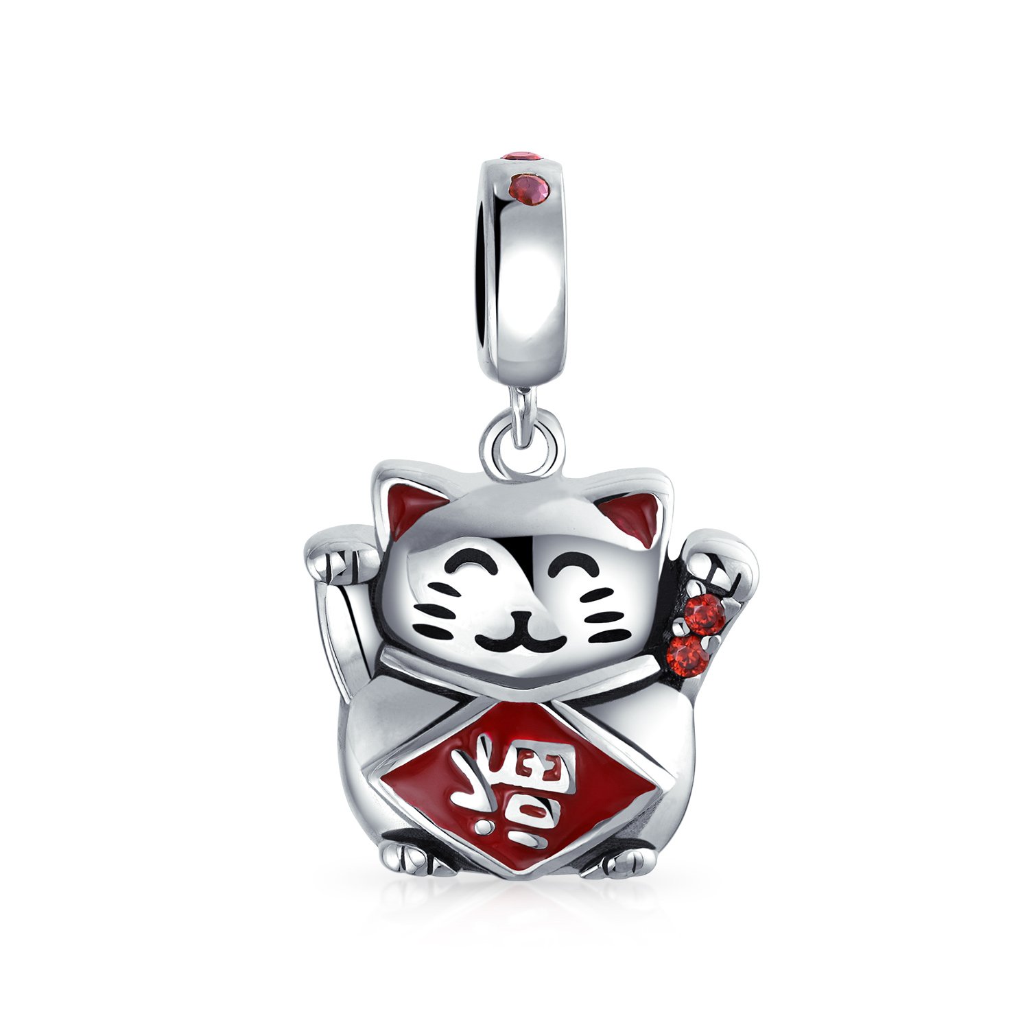 Bling Jewelry Japanese Maneki Neko Lucky Cat Good Fortune Dangle Charm Bead For Women Red Enamel .925 Sterling Silver Fits European Bracelet