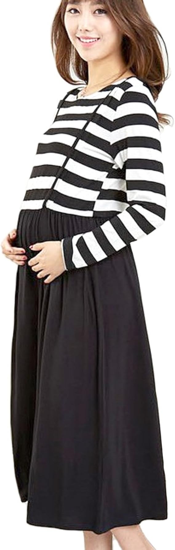 Amazon Co Jp Greenleafbaby グリーンリーフベイビー マタニティ ワンピース 授乳口 ボーダー ロング丈 L 長袖 服 ファッション小物