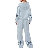 Livtany Women's 2 Piece Outfits Bow Trim Print Hoodie Sweatsuit Sets Oversized Sweatshirt Wide Leg Sweatpants With Pockets