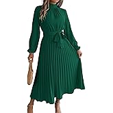 SHINFY Women's Long Sleeve Pleated Dress Casual Semi Formal Church Dress Mock Neck A Line Flowy Midi Dresses with Belt