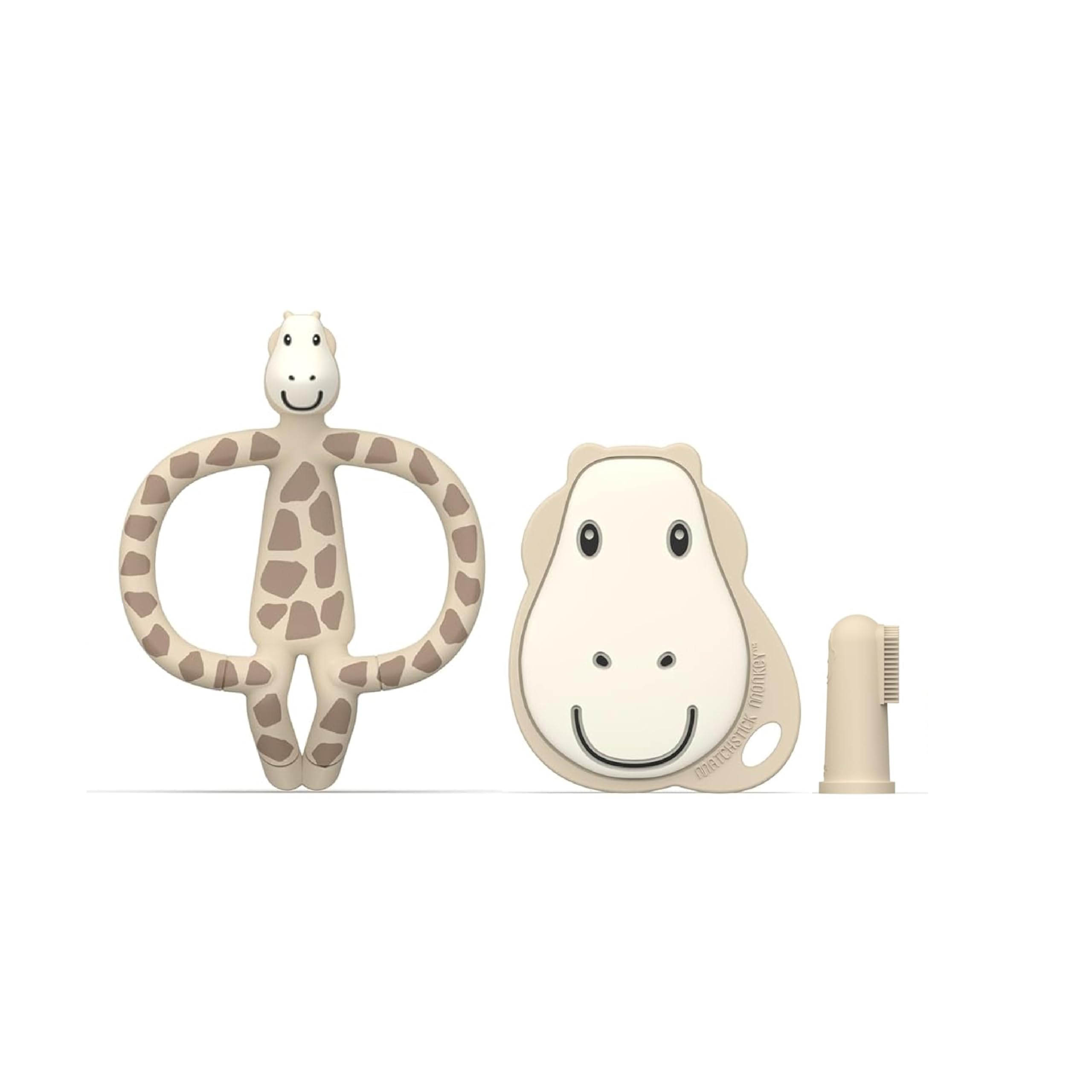 Matchstick Monkey, Antimicrobial Teething Starter Set - 1 Flat Face Teether, 1 Animal Teether, 2 Silicone Finger Toothbrushes, 3 Months Old+, Gigi Giraffe — image 1