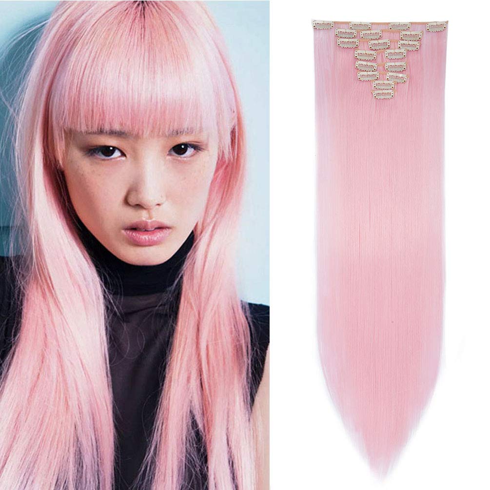8pcs 26 Inch Clip in Hair Extensions Silky Straight Full Head Hair Pieces Synthetic Hair Extension Light Pink — image 1