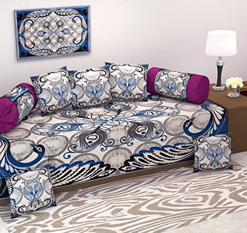 Ab Home Decor Cotton Exclusive Heavy Fabric 500 TC Floral Design Diwan Bedsheet Set 8 Pieces for Living Room-Blue Color.