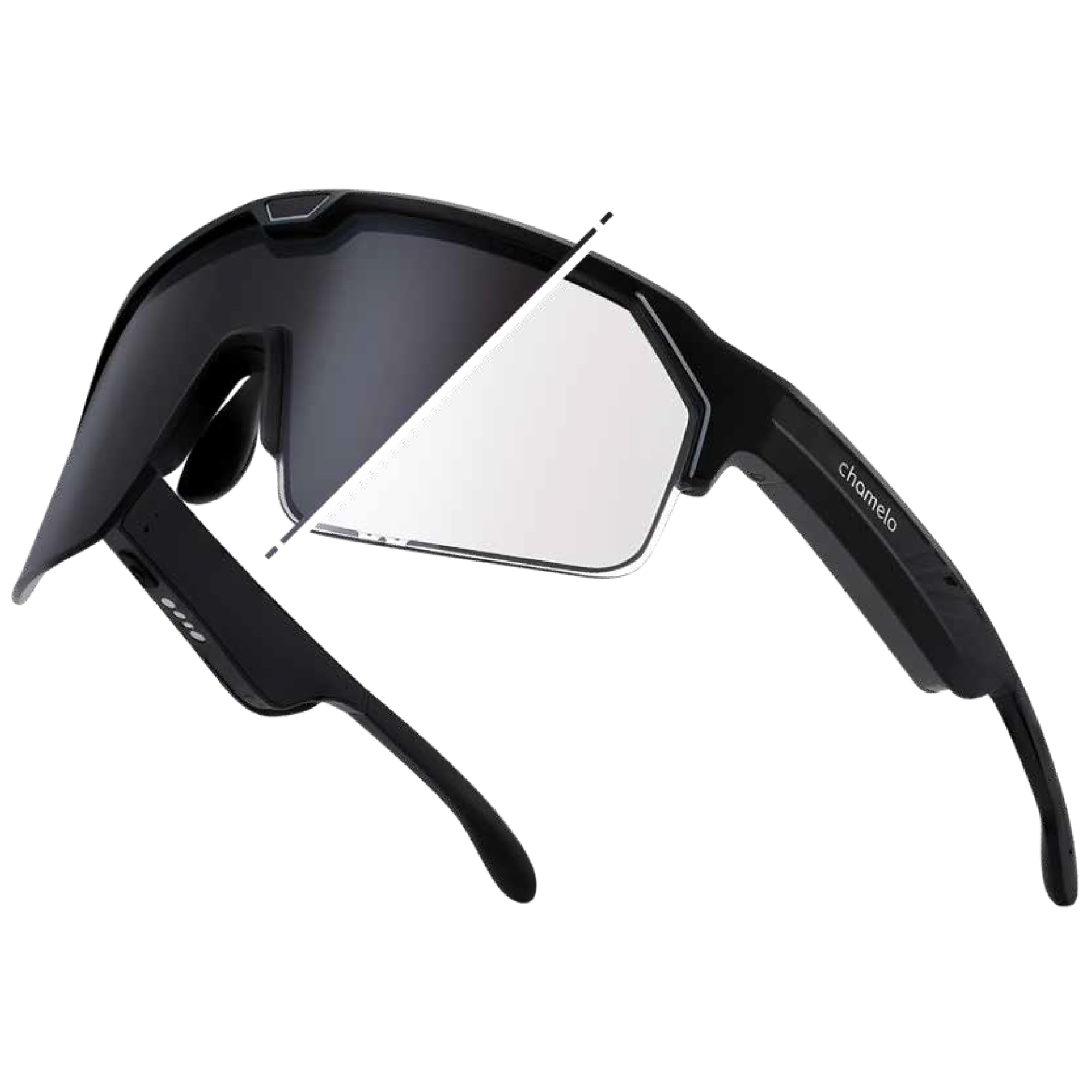 Photo 1 of CHAMELO Music Shield Smart Audio Sunglasses – Matte Black Frame, Smoke Lenses | Open-Ear Bluetooth Glasses for Men & Women with Electronic Tint Control, Sweat Proof, Sports Eyewear, 100% UV Protection