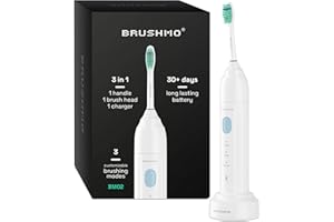 Brushmo e-Series Electric Sonic Toothbrush - Rechargeable Screw-On Electronic Tooth Brush for Adults with 3 Modes & Timer - IPX7 Waterproof, Long-Lasting Battery & Wireless Charging Base - White