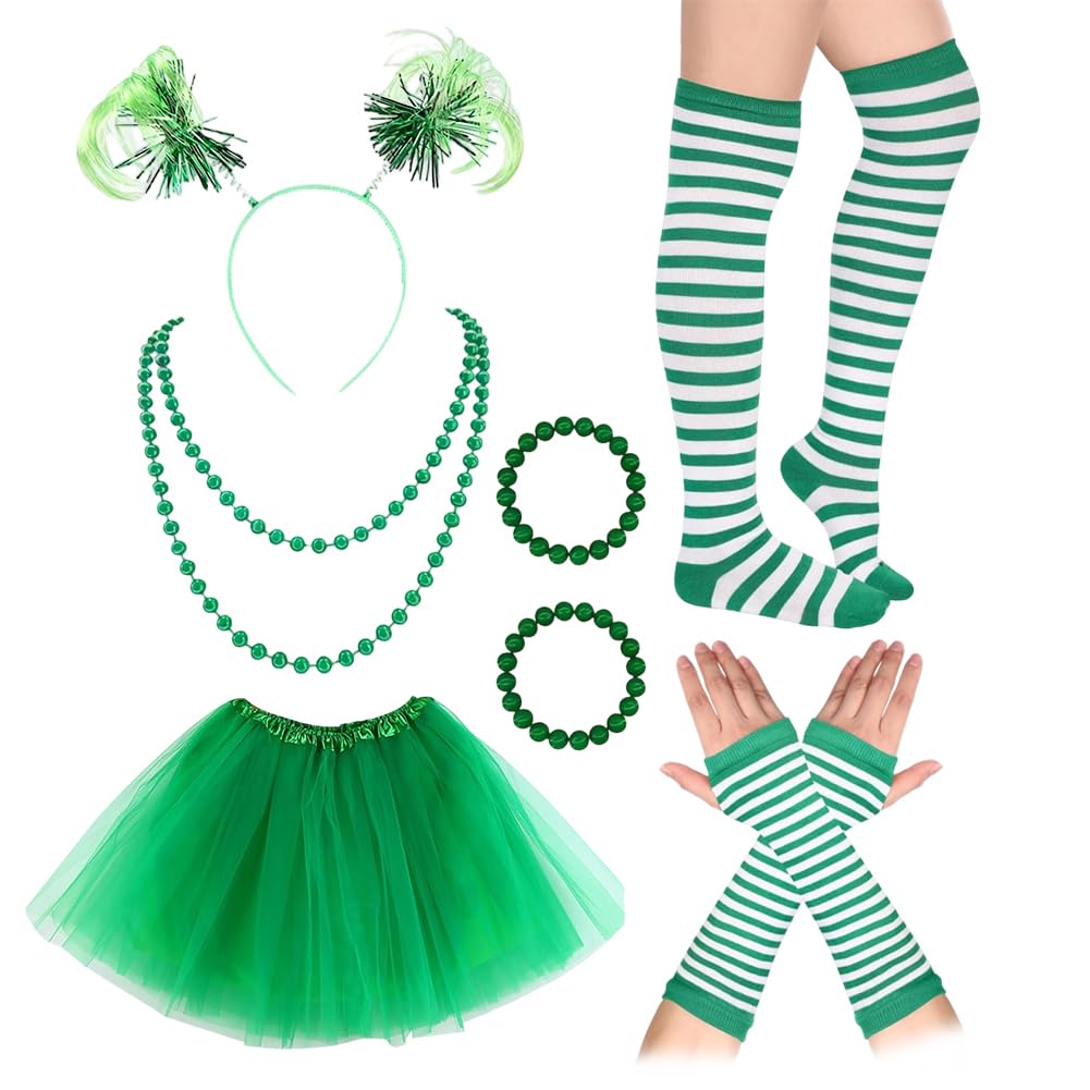 PyrrlicToy 6pcs St. Patrick Day Costume Set, Green Tutu yarn Skirt Headband Necklace Leg Cover Arm Warm Cover Bracelet, Irish Saint Patrick's Day Fancy Dress Outfit for Party Parade