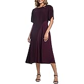 Olaesa Women's Satin Panel Dress Semi Formal Midi Dresses Elegant Short Puff Sleeve Ruched Waist A-Line Evening Dress