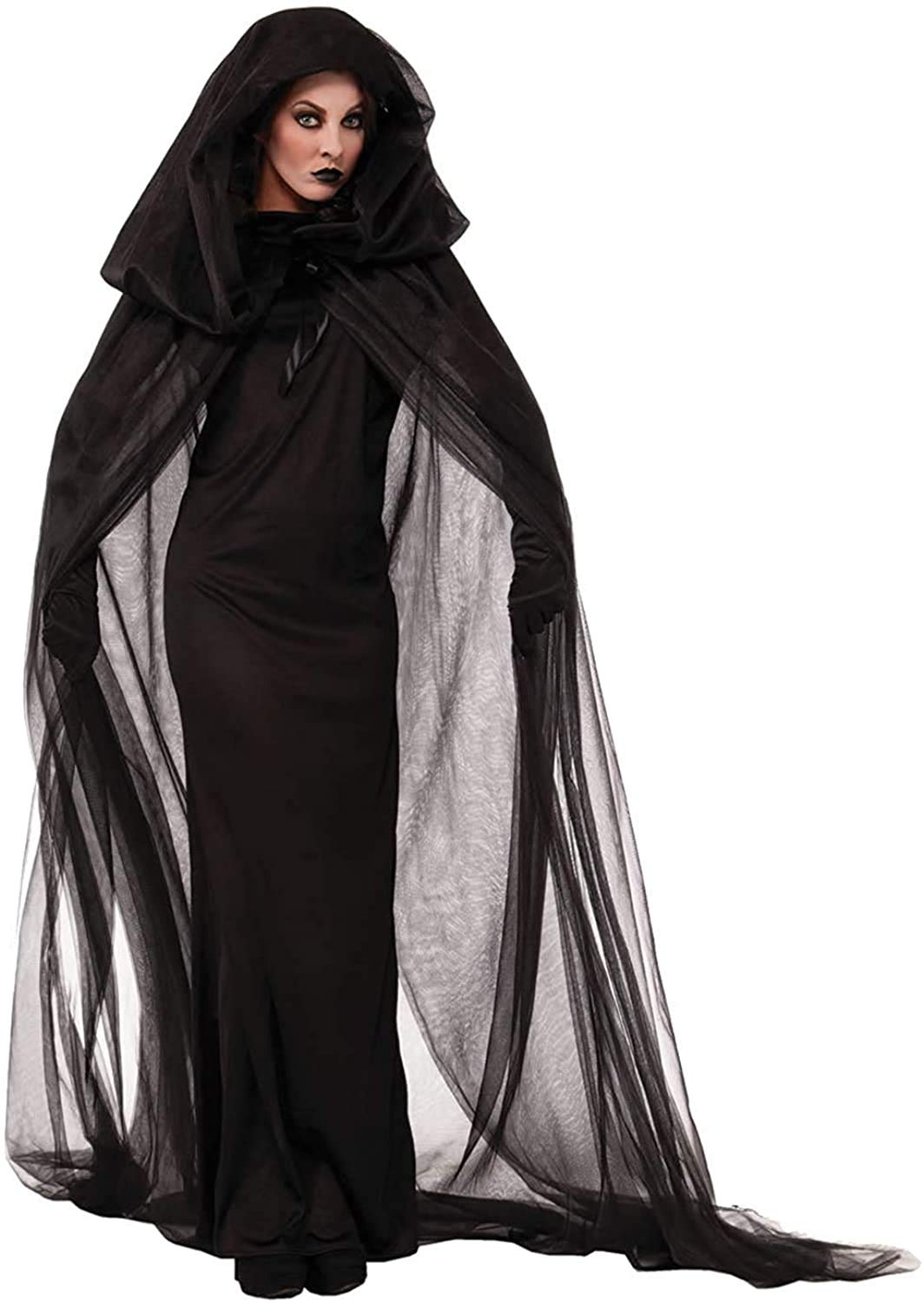 chuangminghangqi Black Ghost Bride Halloween Costume Women's Evil Queen Fancy Dress Carnival Performing Costumes Adult Witch Costume Horror Vampire Hooded Long Dress (M, Black)