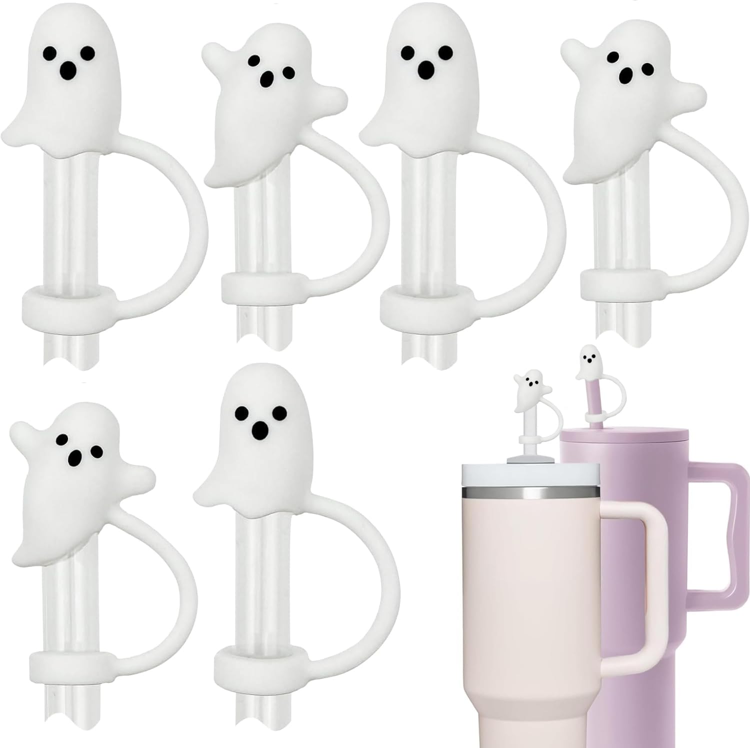Photo 1 of 4-Pack Ghost Straw Covers Cap Compatible with Stanley Cup 30 40 oz, Cute Silicone Halloween Drinking Straw Toppers, Funny Tumbler Accessories Perfect for Halloween