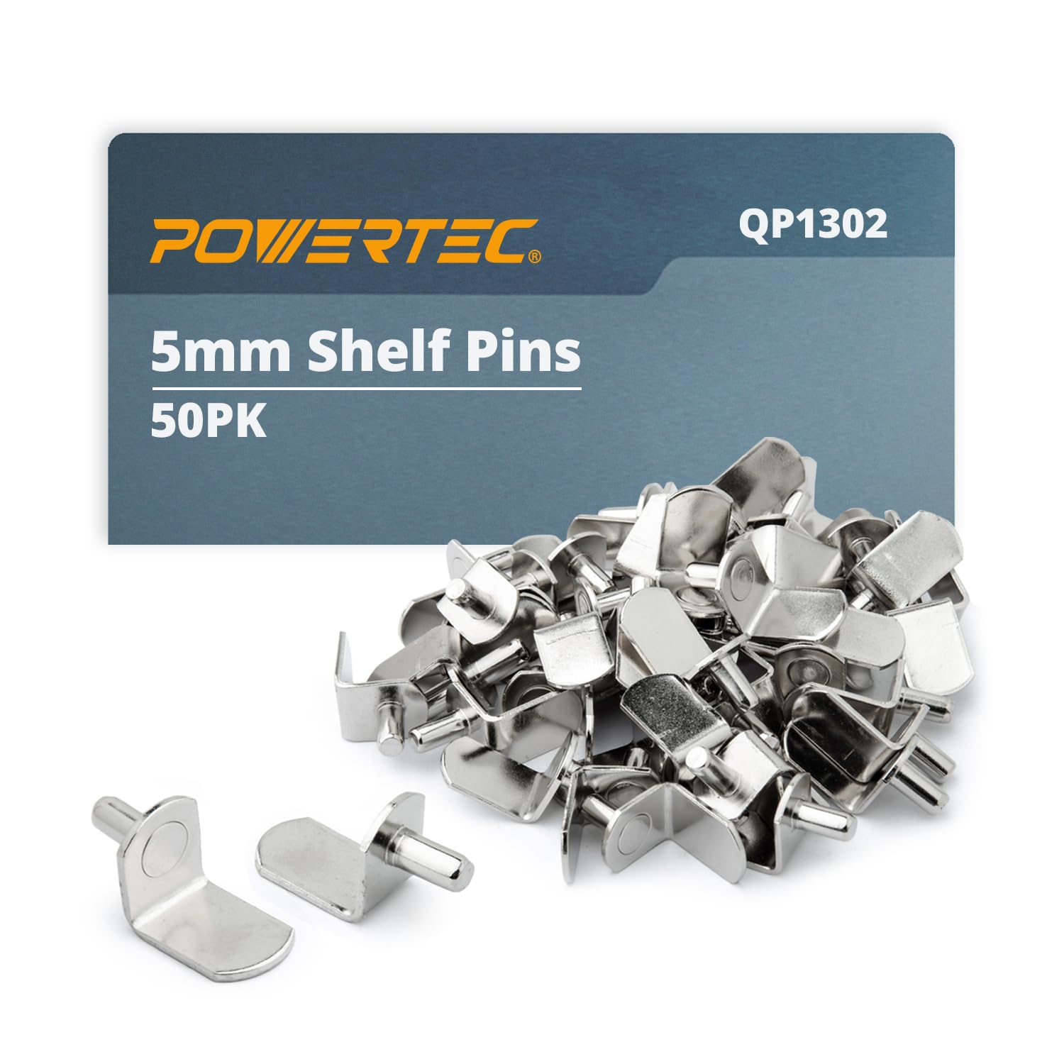 POWERTEC QP1302 5mm Shelf Pins, L- Shaped Bracket Style, Nickel, 5 mm