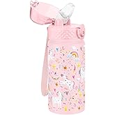 Kids Water Bottle, GOPPUS 14 oz Insulated Water Bottle with Straw, Double Vacuum Leakproof, BPA Free, for Boys and Girls,Pink Unicorn
