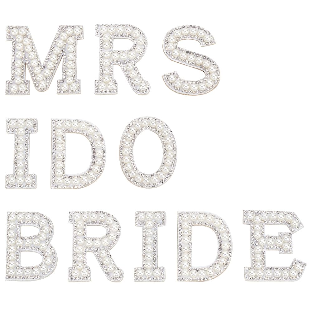 INFUNLY Bride Rhinestone Patch Bling Pearls English Letter Bride MRS I DO Patches Beaded Glitter Alphabet Applique for DIY Craft Fabric Jackets, Bags, Hats, Wedding Dress, Cloth Decor