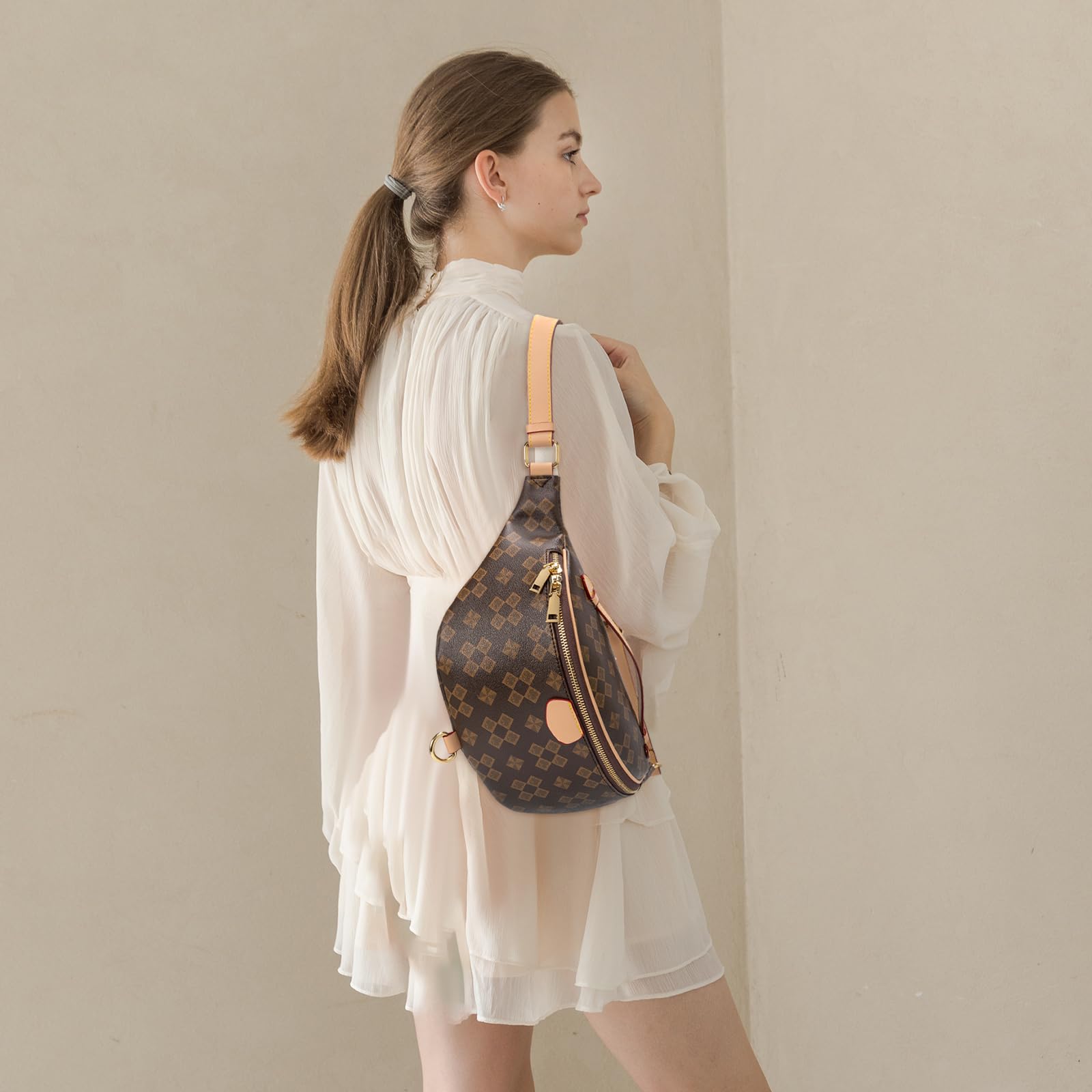 Crossbody Sling Bag for Women Fanny Pack with Adjustable Strap Large Opening Two-Way Zipper Closure Chest Trendy Checkered Belt for Daily Shopping Travel (Brown)