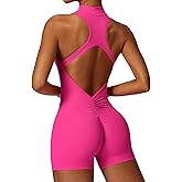 ECUPPER Women Backless Workout Jumpsuits One Piece Sleeveless Gym Rompers Zip Up Tummy Control Scrunch Shorts Yoga Bodysuit
