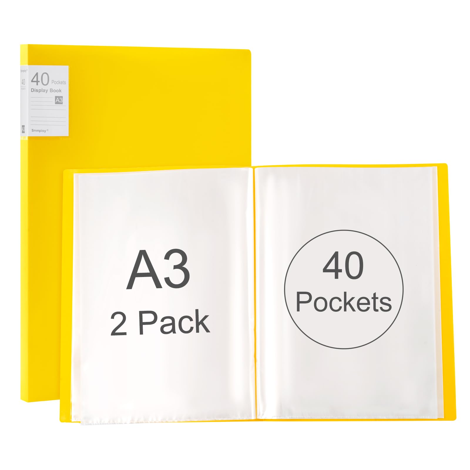 Srvnpioy A3 Display Book 40 Pockets, 2 Pack, 80 Sheet Capacity, Transparent Pockets, A3 Portfolio Presentation Book for Artwork, Drawing, Report,Yellow
