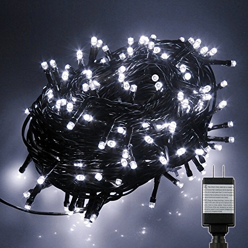 PMS 800 LED White String Fairy Lights on Dark Green Cable with 8 Light Effects and Memory Function, Low Voltage Transformer included, UL Listed. Ideal for Christmas, Xmas, Party, Wedding, etc.