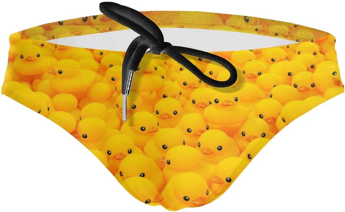 Mens Yellow Rubber Duck Cartoon Swimwear Sexy Bikini Swim Briefs Low Rise Swimsuits Drawstring Trunks