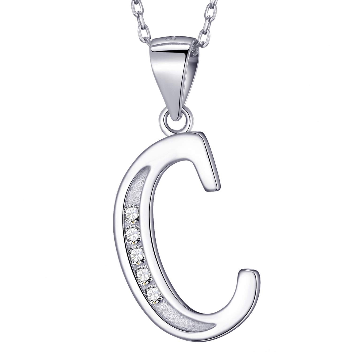 MASADA 925 Sterling Silver Letter Necklace - Initial Pendant with Zircon Stones - Letter C - Personalised Alphabet, Teens & Girls - 46 cm - 18 inch Chain in Velvet Bag