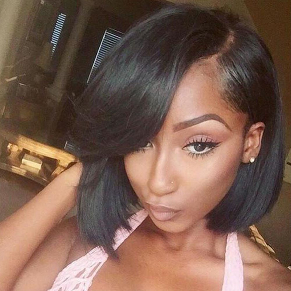Amazon Com Short Bob Human Hair Wig With Side Bangs Virgin Brazilian Full Lace Human Hair Wigs For Black Women Glueless Silky Straight Lace Front Wigs 130 Density Natural Color 10 Lace