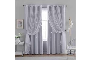 Anytime Romantic Kids Curtain,Hollow-Out Stars Window Curtain Double Layer Blackout Curtains for Girls Bedroom Kids Room 2Panel,(W52 x L84,Greyish White)