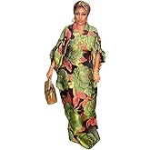 HD African Stylish Bubu Dress for Woman Floral Pattern Caftan Gown Adjustable Sleeves with Buckle