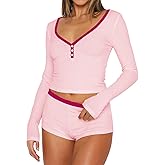 Ezbelle Lounge Set Women's V Neck Pajama Button Shirt Matching Two Piece Knit Long Sleeve Pjs Short Summer Outfits