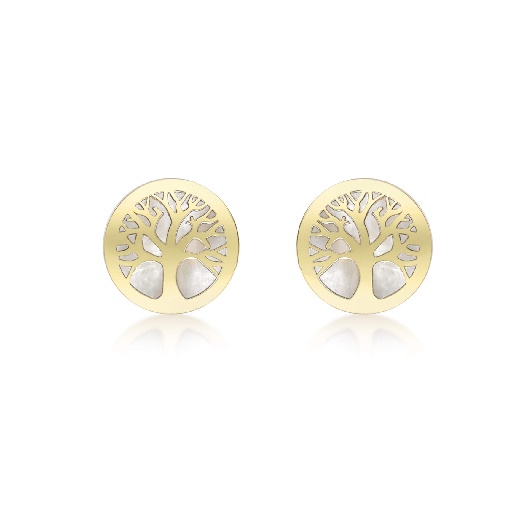CARISSIMA Women's 9 ct Yellow Gold Mother of Pearl Tree of Life Stud Earrings, 8 mm
