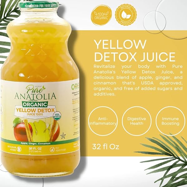ORGANIC YELLOW DETOX JUICE BY PURE ANATOLIA – USDA ORGANIC, GLUTEN FREE, VEGAN, NO PRESERVATIVES, NON GMO- REUSABLE 1 GLASS BOTTLE OF 32 FL OZ.