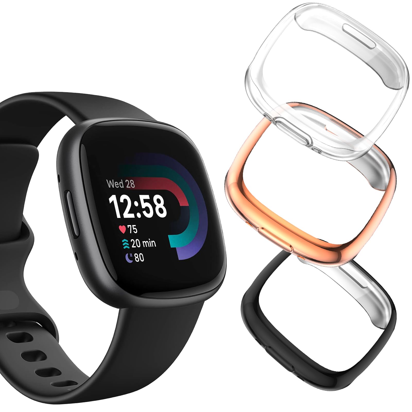 [3Pack] Case for Fitbit Versa 4/Fitbit Sense 2 Tempered Glass Screen Protector，PC Hard Case Tempered Glass Screen Protection Cover Slim Full Cover Scratch Proof Protector，Black+Golden+Transparent