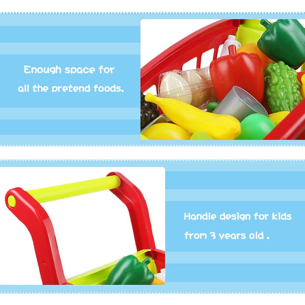 Nuheby Carrito de Compra Infantil Supermercado de Juguetes con Frutas Vegetales y Alimentos Falsos Juguete de Cocina en Miniatura 3 Años Juguete Educativo Temprano (27 Piezas)