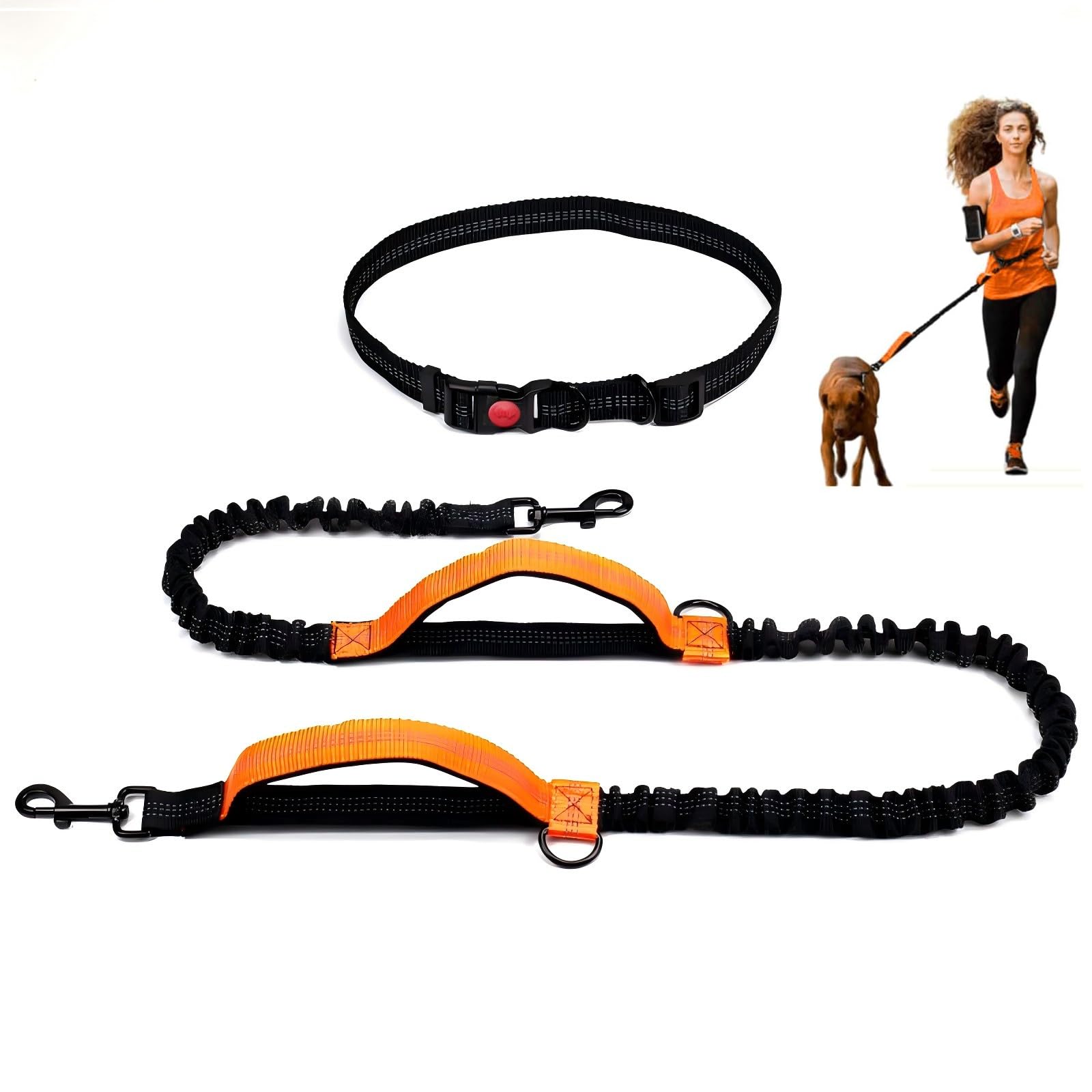Hurluksi Hand Free Dog Lead, Bungee Dog Leash Heavy Duty Puppy Waist Belt for Medium & Large Pets, Adjustable Running Lead with Dual Padded Handle (Orange)