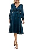 Taylor Women's Long Sleeve Satin Faux Wrap Midi Dress with Sash